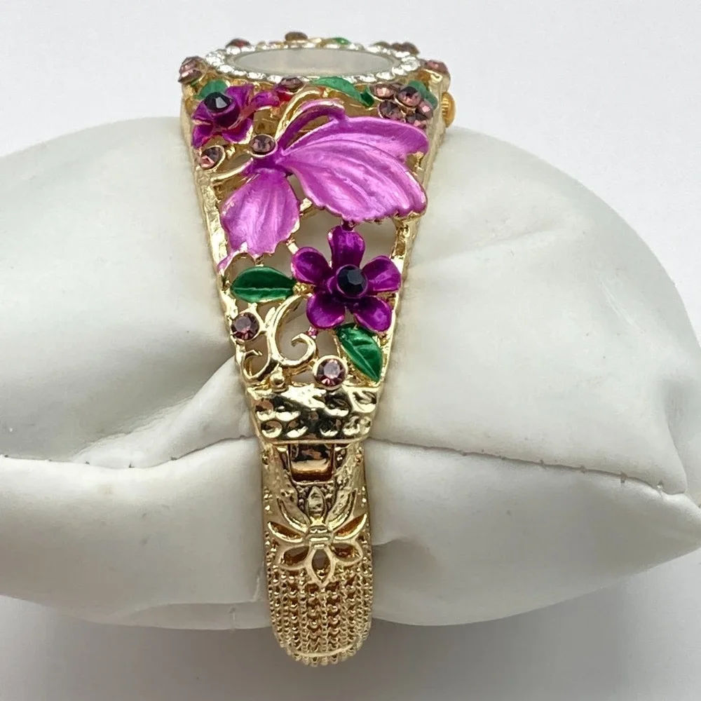 Strada Womens Watch Gold Tone Purple Floral Crystals Cuff 26mm New Battery 6.75
